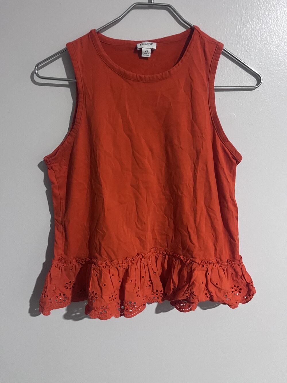 J.CREW Tank Sleeveless Womens XS Orange Ruffle Eyelet Hem Crew Neck 100% Cotton